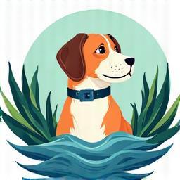 Illustration of a dog collar made from recycled ocean plastics surrounded by ocean and earth tones