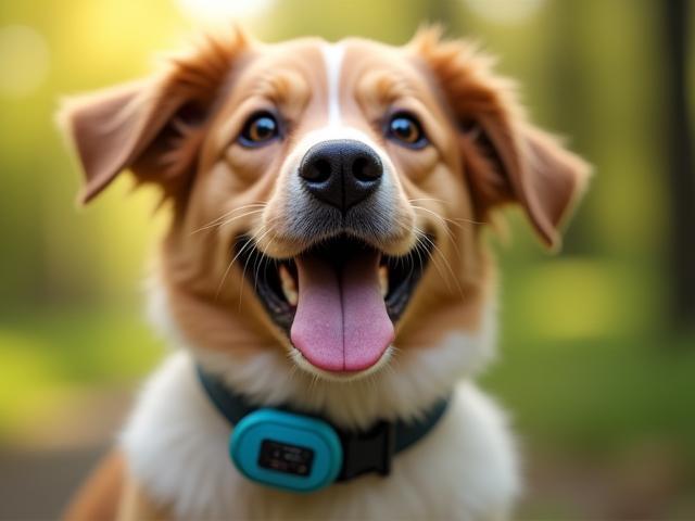 RoverTrack Collar GPS tracker attached to a happy dog
